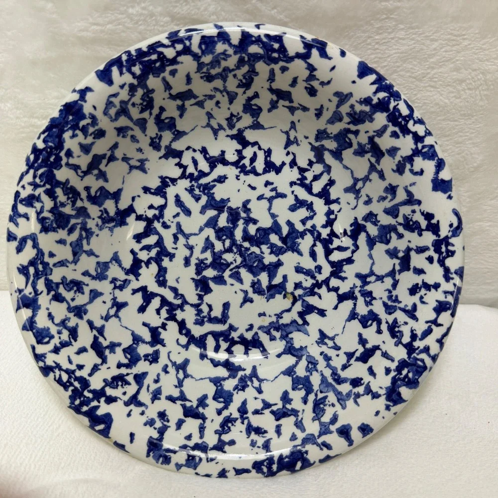VTG Blue White Splatter Enamelware‎ Bowl 8 Inch Round Speckled Basin